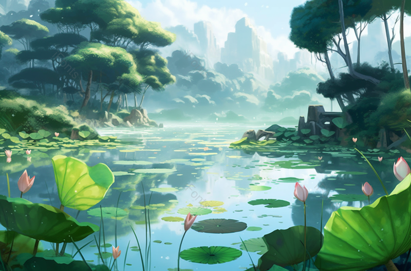 中国复古彩色群山之中的荷塘美景,插画/手绘图,插画/手绘图库,插画/手绘图下载,插画/手绘